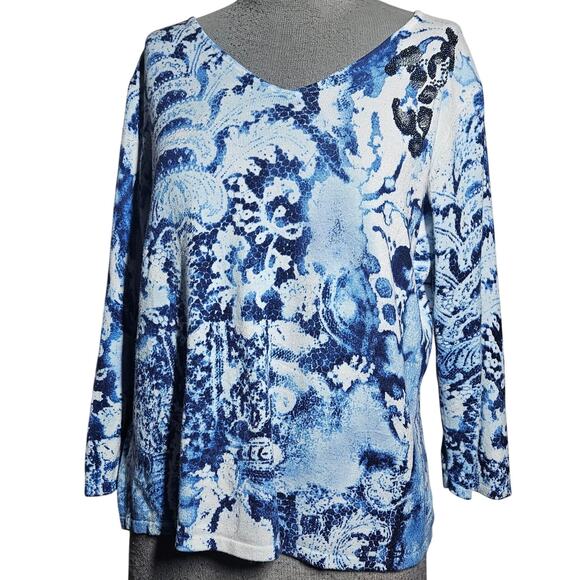 Blue Pattered Beaded Knit Top Size Large - Picture 1 of 4